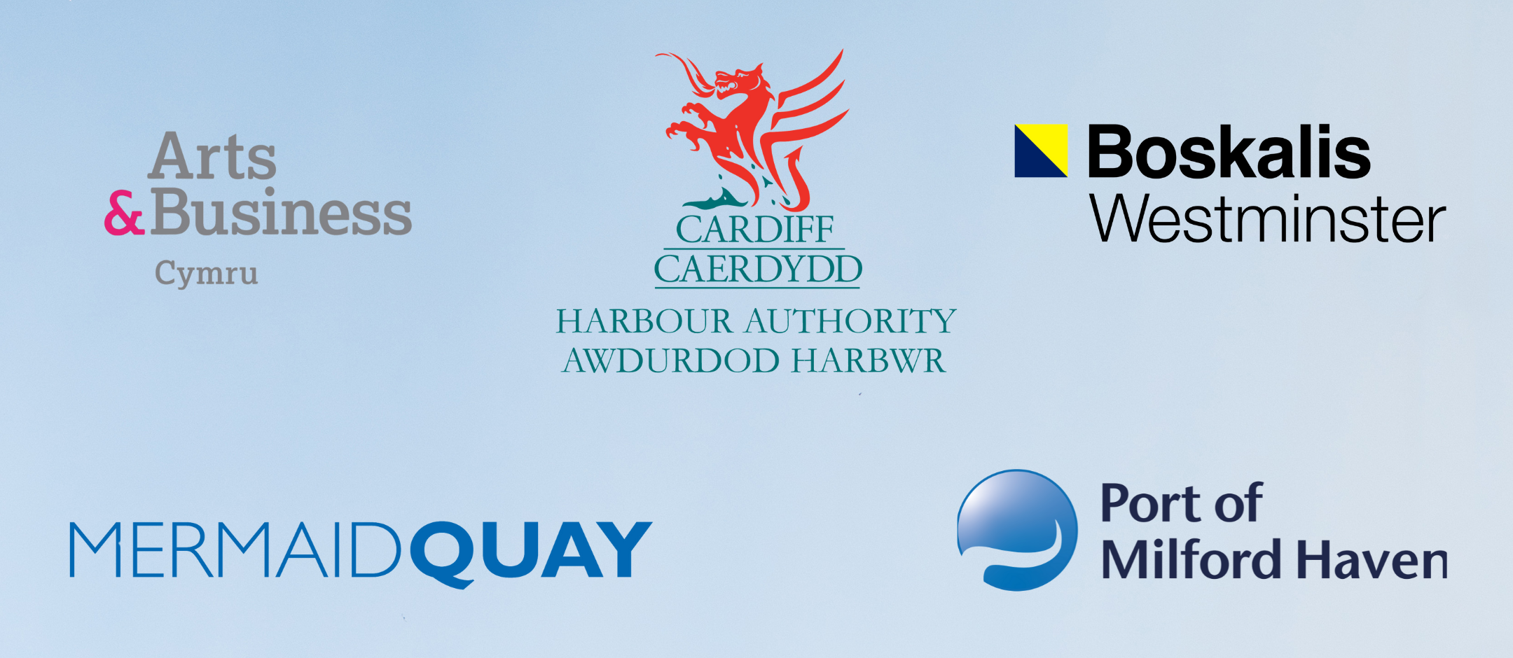 5 logos on a blue background. Logos of Cardiff Harbour Authority, Boskalis Westminster, Arts & Business Cymru, Mermaid Quay and the Port of Milford Haven.