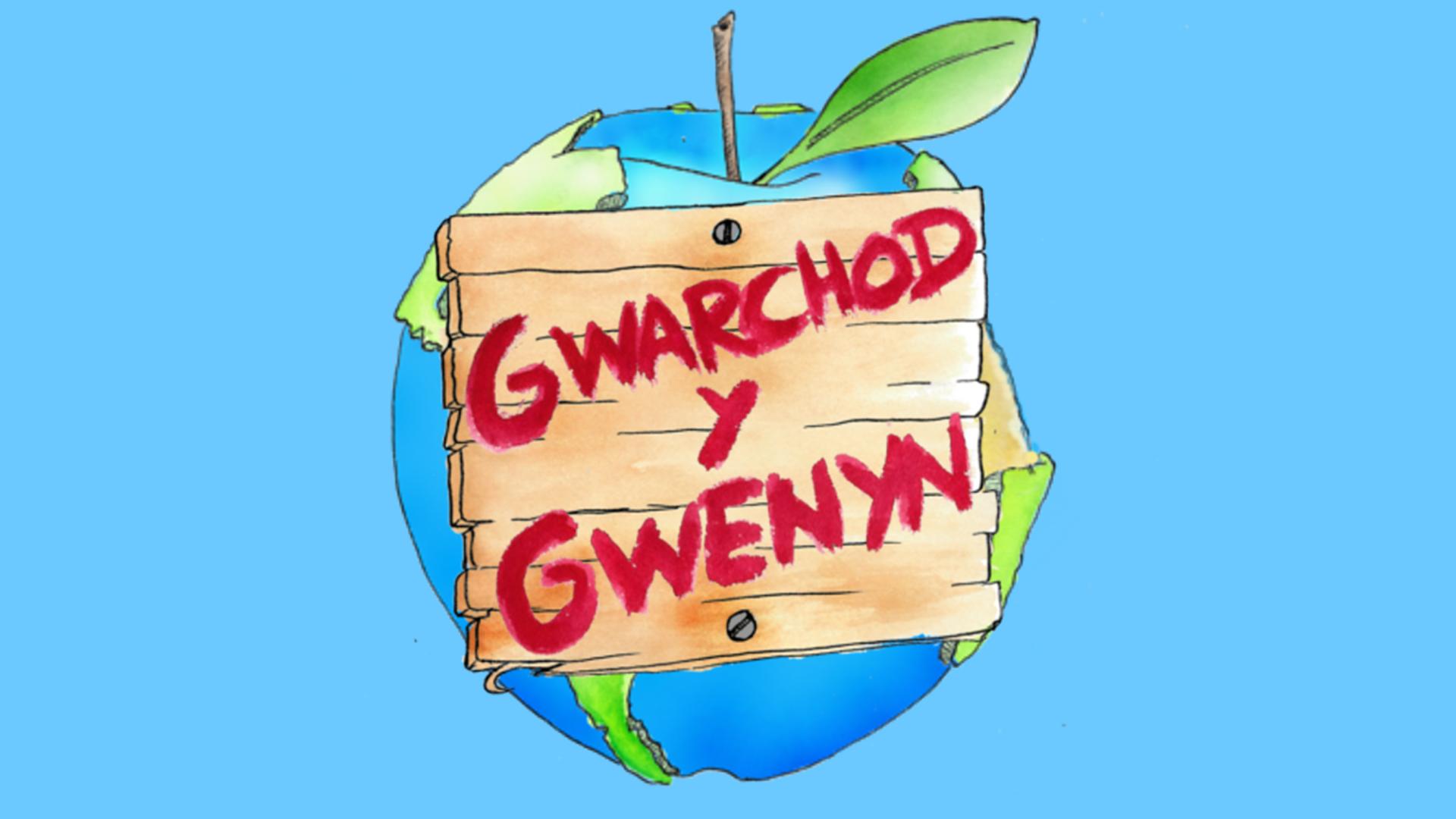 Darlun o afal sydd hefyd yn edrych fel y ddaear gyda 'Gwarchod y Gwenyn' wedi peintio ar arwydd pren